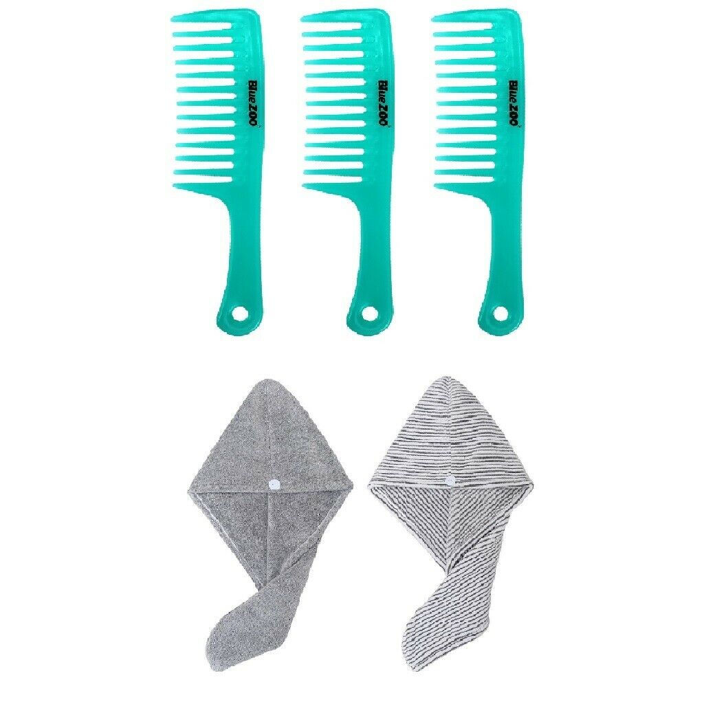 3pcs Wide Tooth Comb Detangling Comb + 2pcs Microfiber Hair Towel Wrap Gray