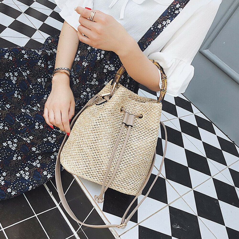Stylish Draw String Straw Handbags Tote Bench Travel Rttan Women's Shoulder Bags