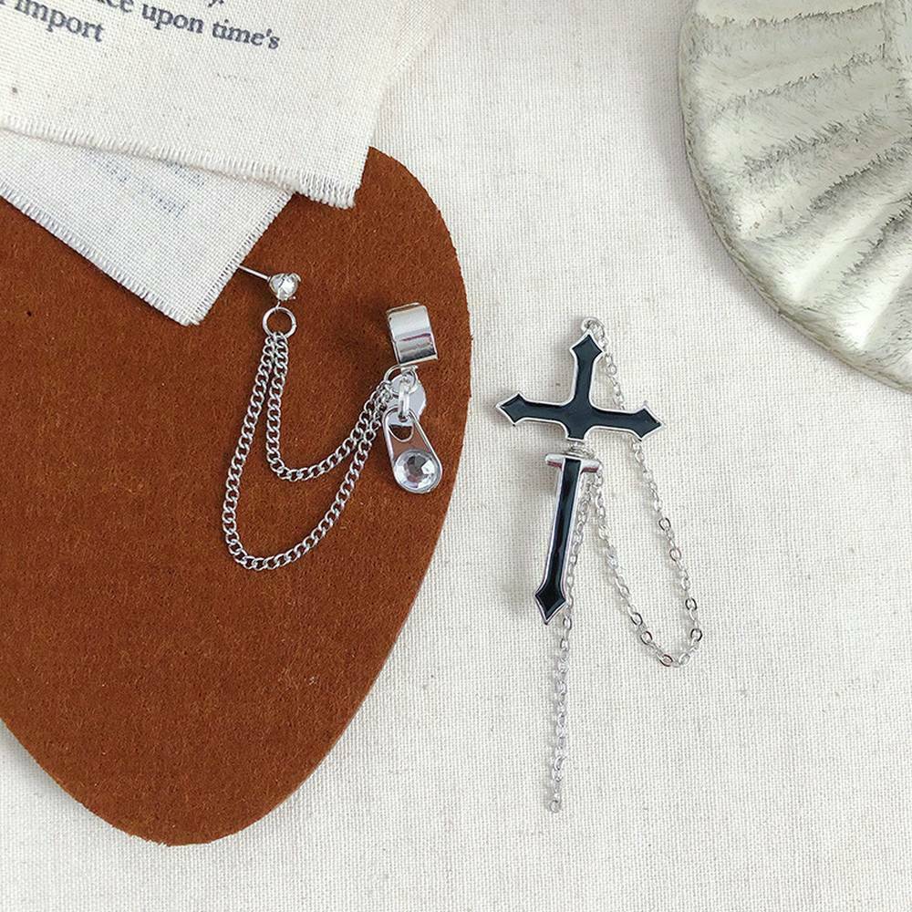 1Pcs Punk Gothic Long Chain Cross Zipper Stud Drop Earrings Women Men Jewelry