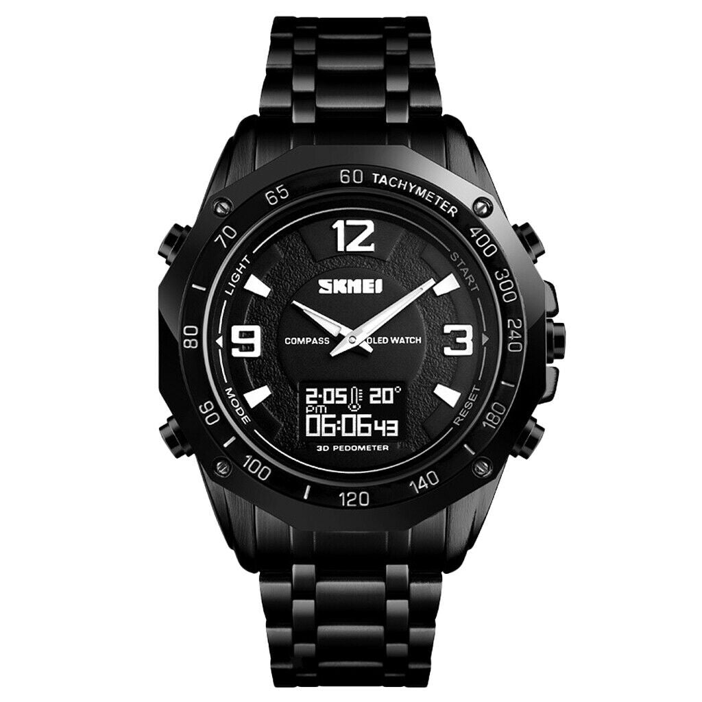 Men Steel Analog Digital Watch Led Sport Military Wristwatch Black