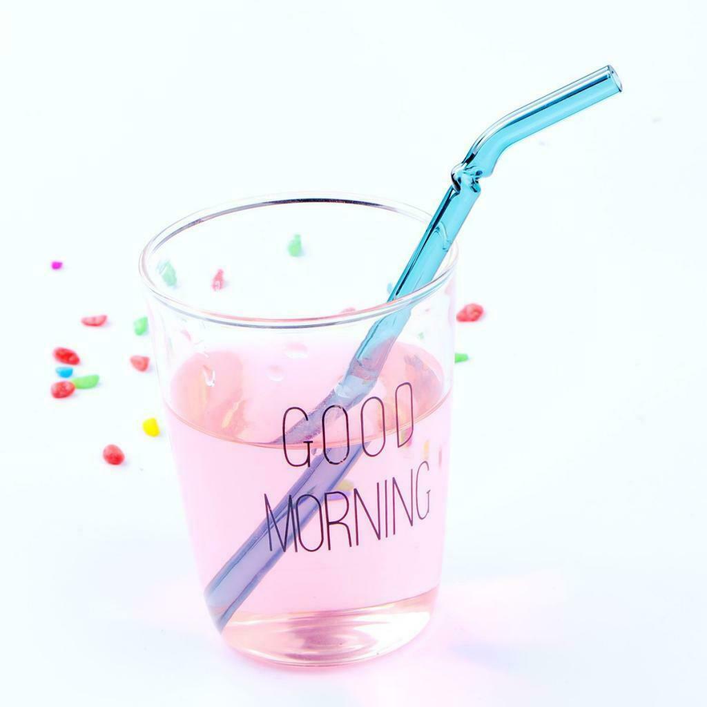 Creative Reusable Bent Glass Tube Drinking Straw + Cleaning Brush Lake Blue