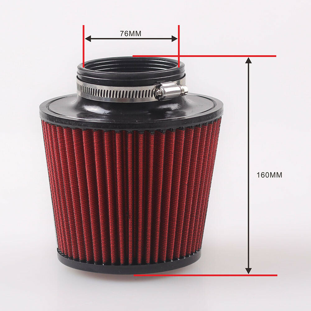 Universal Clamp-On Air Filter 3'' Car Ram Cold Air Intake Cone Standard Washable