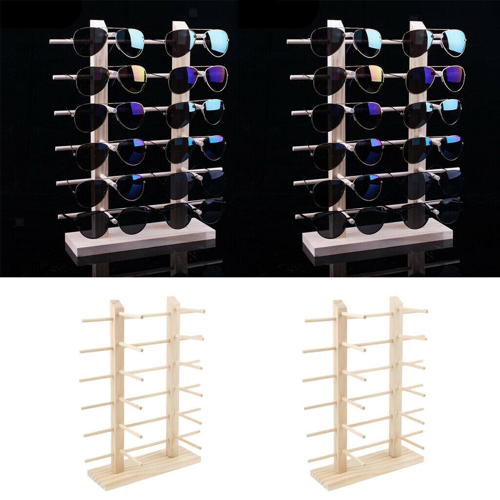 2xWood Sunglasses Eyeglass Rack Display Stand Rack Double Lines 12 Pairs