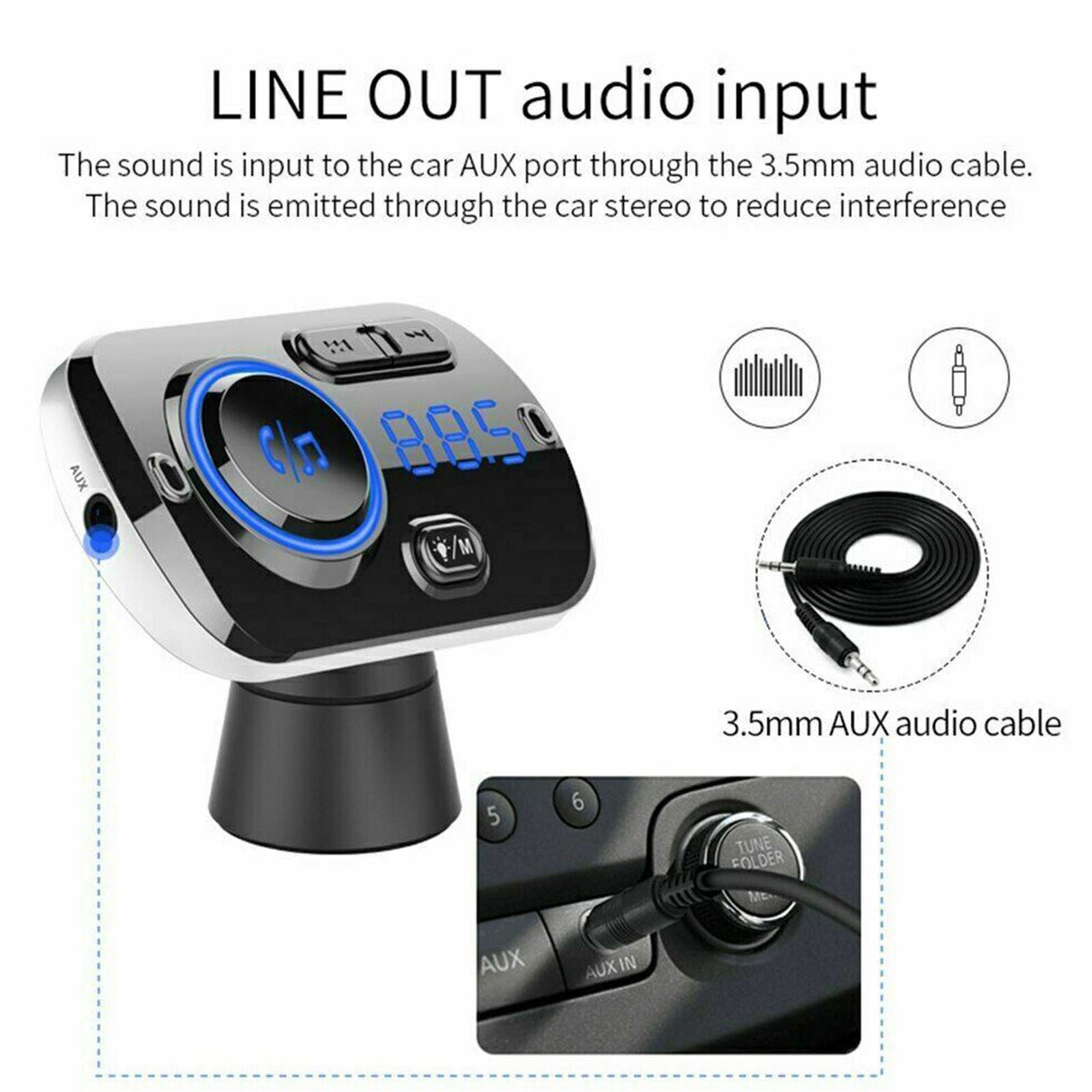 Bluetooth 4.2 Handsfree Car Kit FM Transmitter MP3 Player & USB Fast Charger AUX