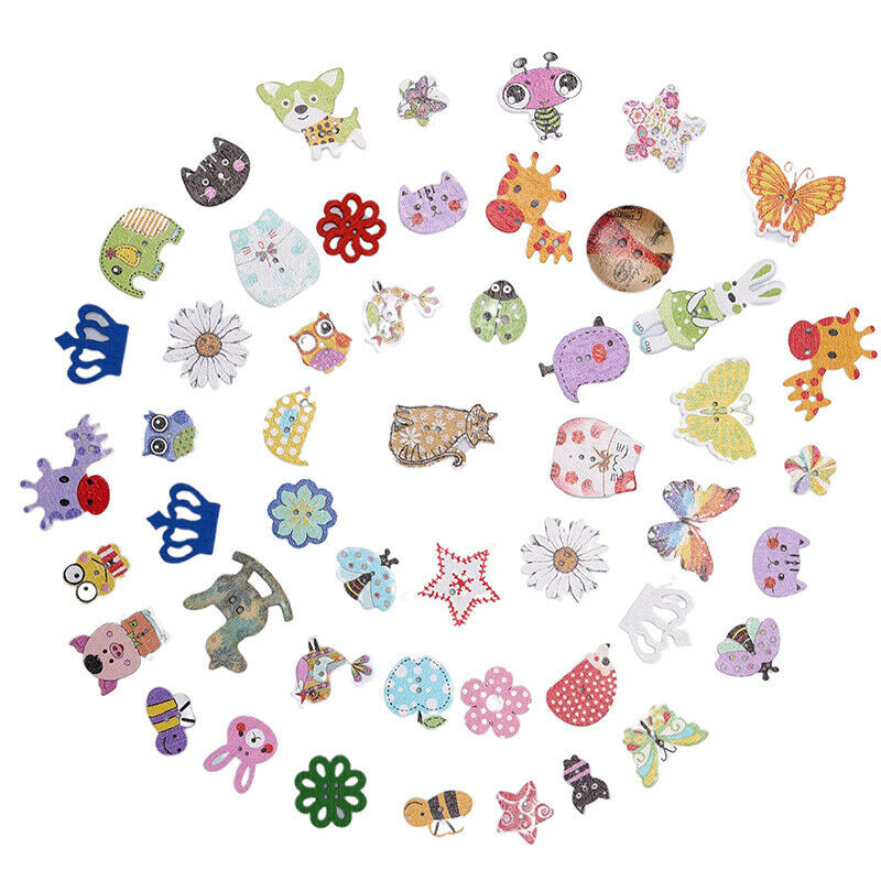 50pcs Mixed Animals Wooden Buttons Scrapbooking Crafts DIY Children Button De_DD