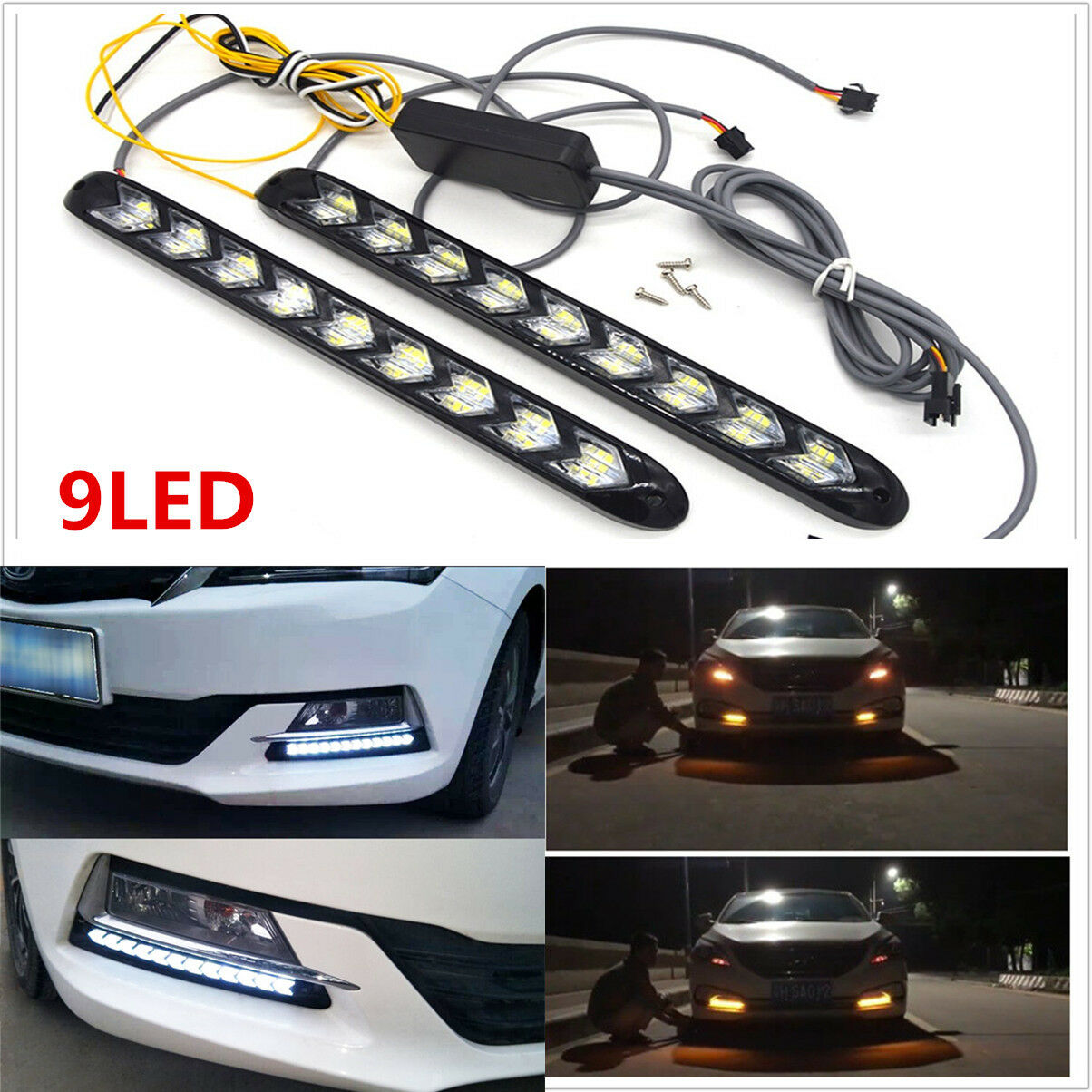 2PC 9LED White/Amber Car Indicator Driving Light Sequential Flowing Signal Lamp