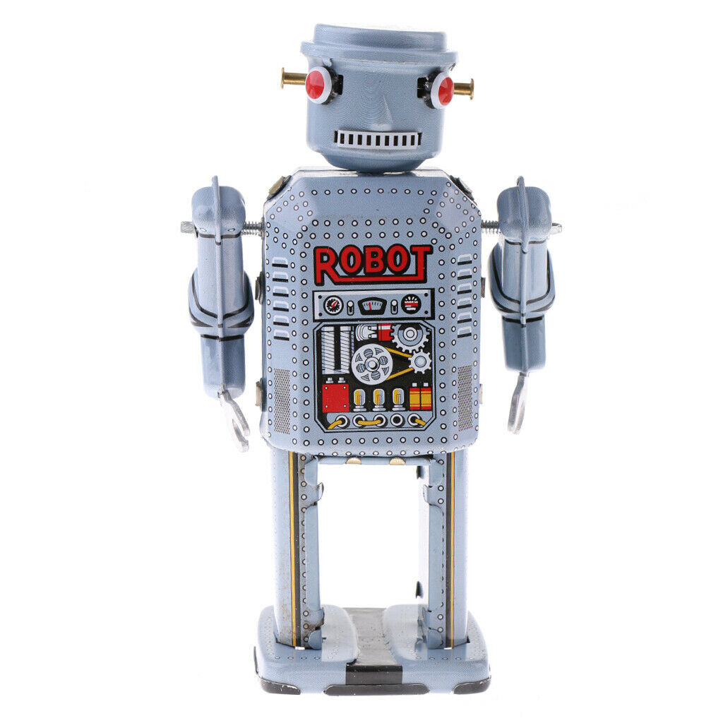 10cm Gray Wind Up Walking Planets Robot Clockwork Tin Tinplate Toys Collectibles
