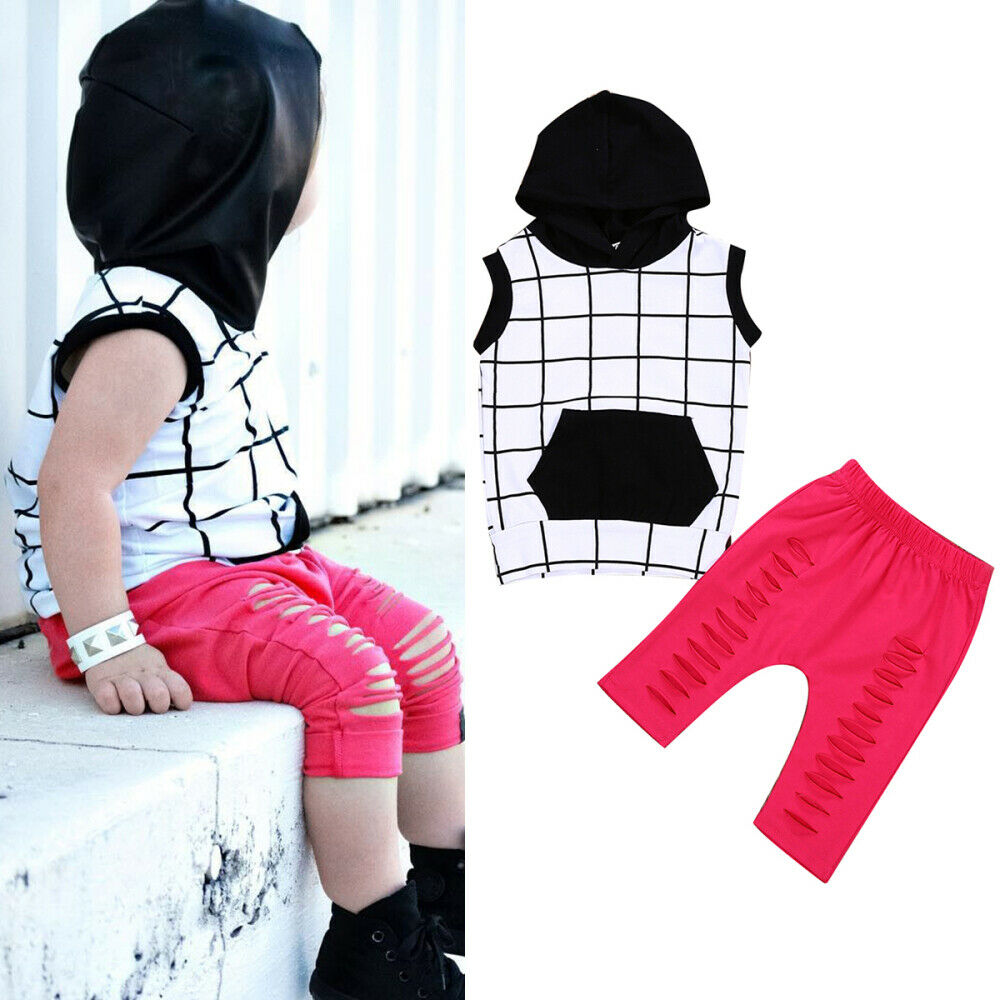 2PCS Toddler Kids Baby Girls Summer Outfits Clothes Hooded Tops+Ripped Pants Set