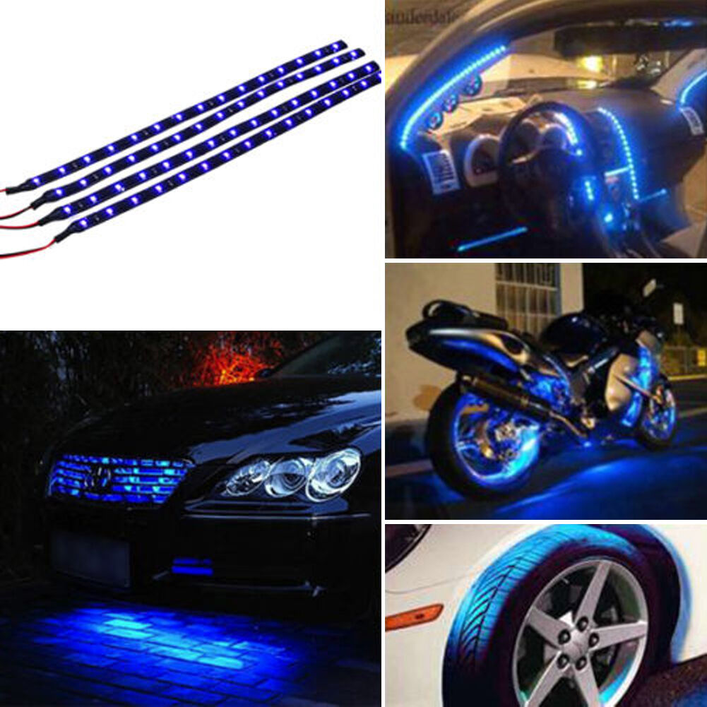 4PCS 30CM 15 LED Car Motors Truck Flexible Strip Light Lamps Waterproof 12V Blue
