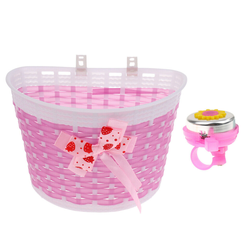 2x Kids Bike Front Basket with Bowknots Holder + Clear Sound Bell Ring Horn