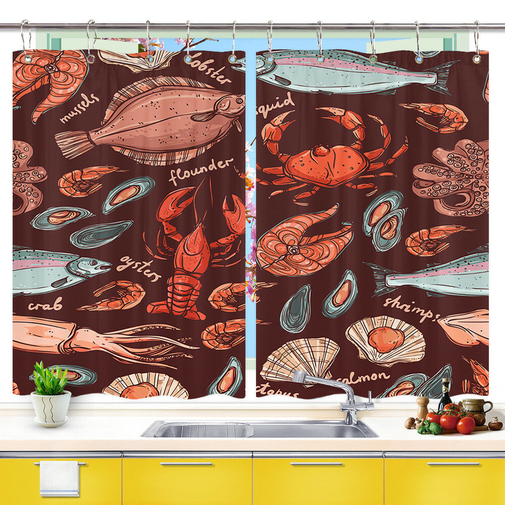 Lobster Crab Decor Window Treatments for Kitchen Curtains 2 Panels, 55X39 Inches