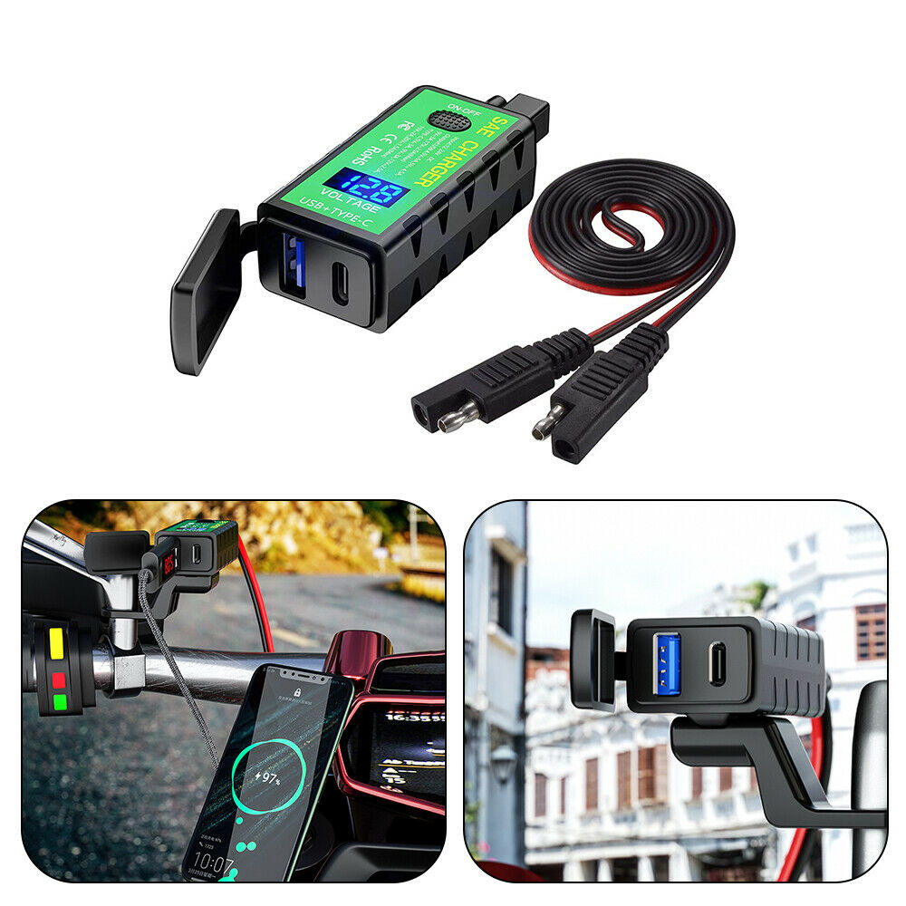 Motorcycle USB Charger SAE to USB Adapter With Voltmeter & ON/Off Switch 30W