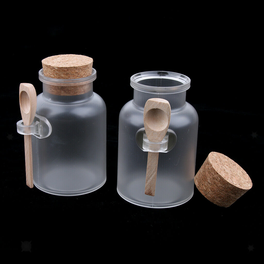 2 Pcs Bath Salt Bottle Wood Spoon Round Cosmetic Cork Jar Container 200g