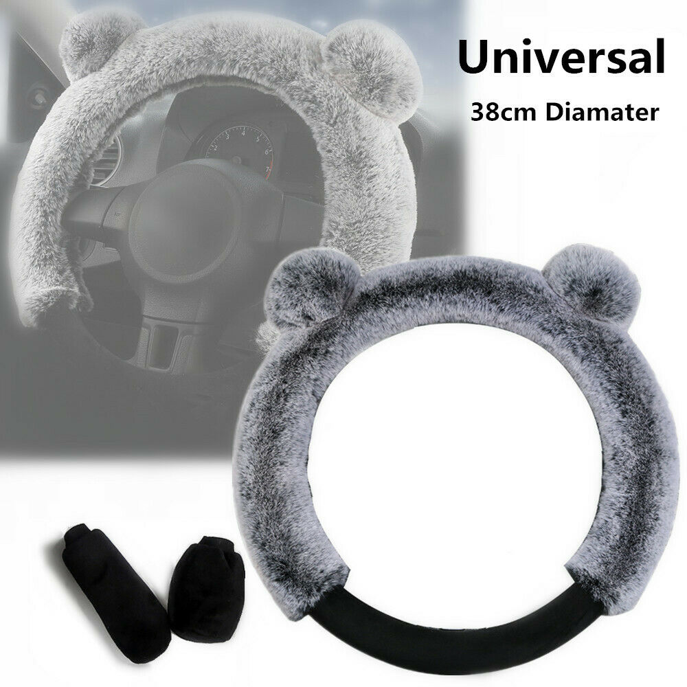 3Pcs/Set Fur Wool Furry Fluffy Thick Car Steering Wheel Cover Gray  Winter 38cm
