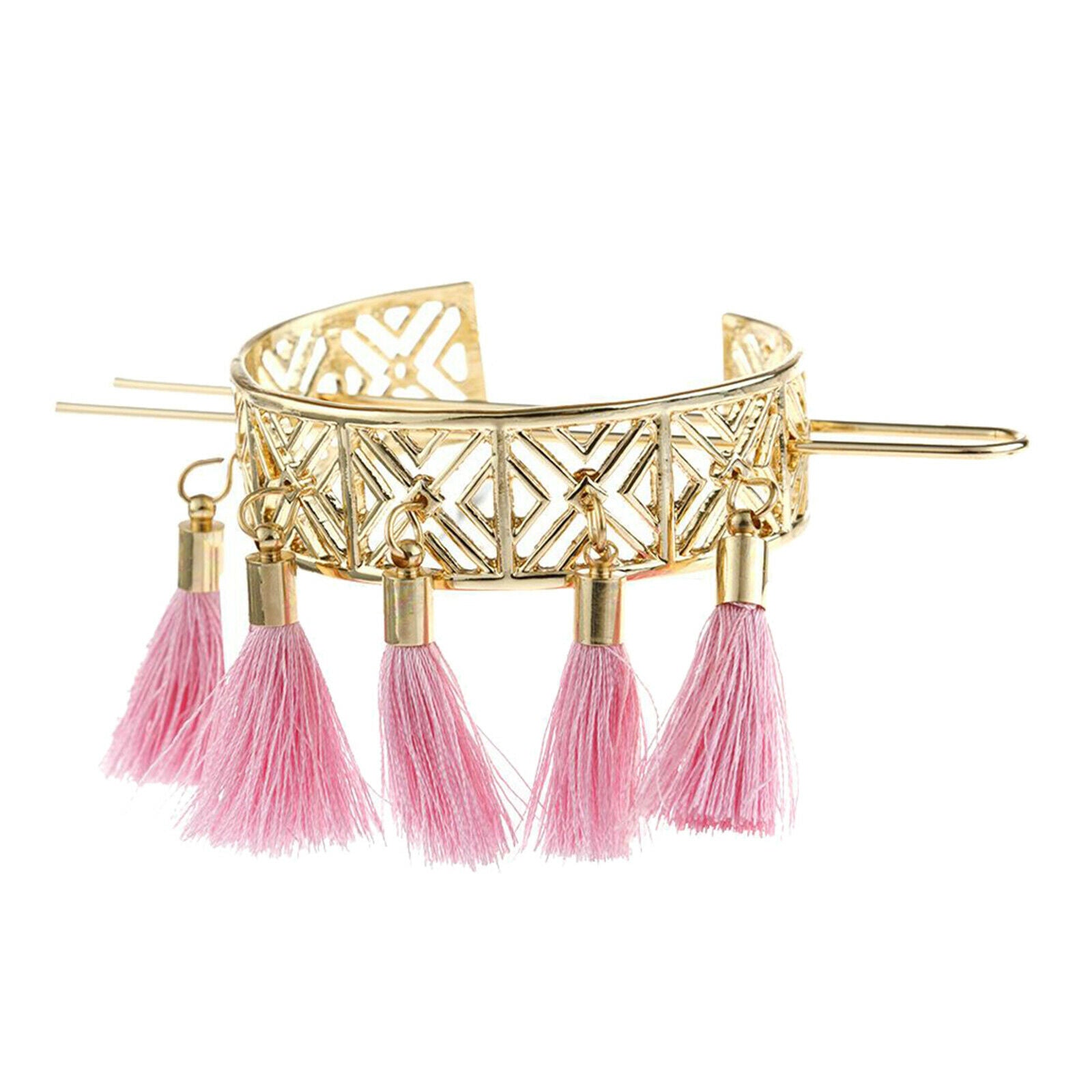 Metal Hairpicks Chinese Chopsticks Hair Nozzles with Tassels - Pink