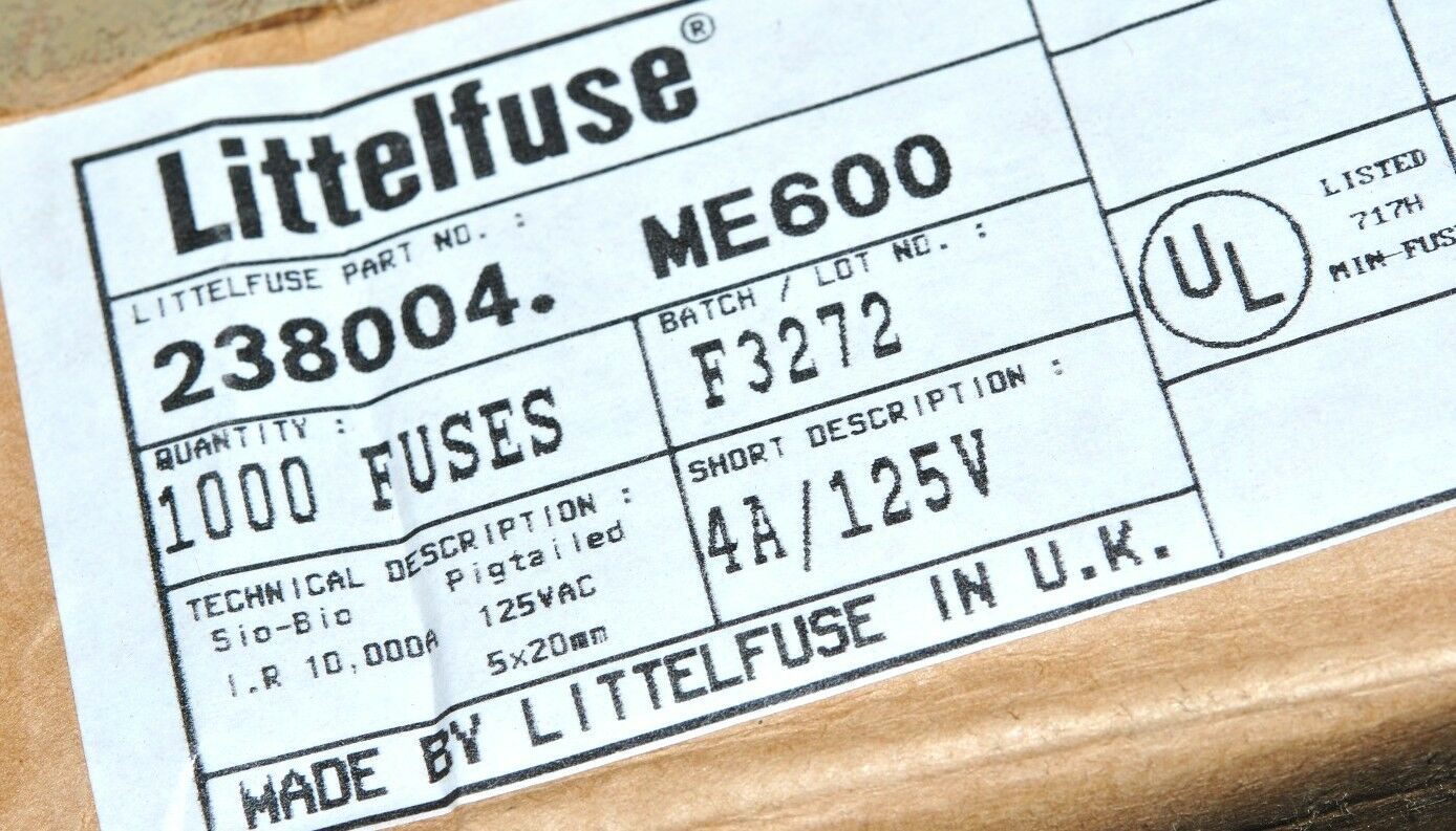 2pcs - Littelfuse  4A 125V 5x20mm Pigtail Glass Fuse - 238004. ME600