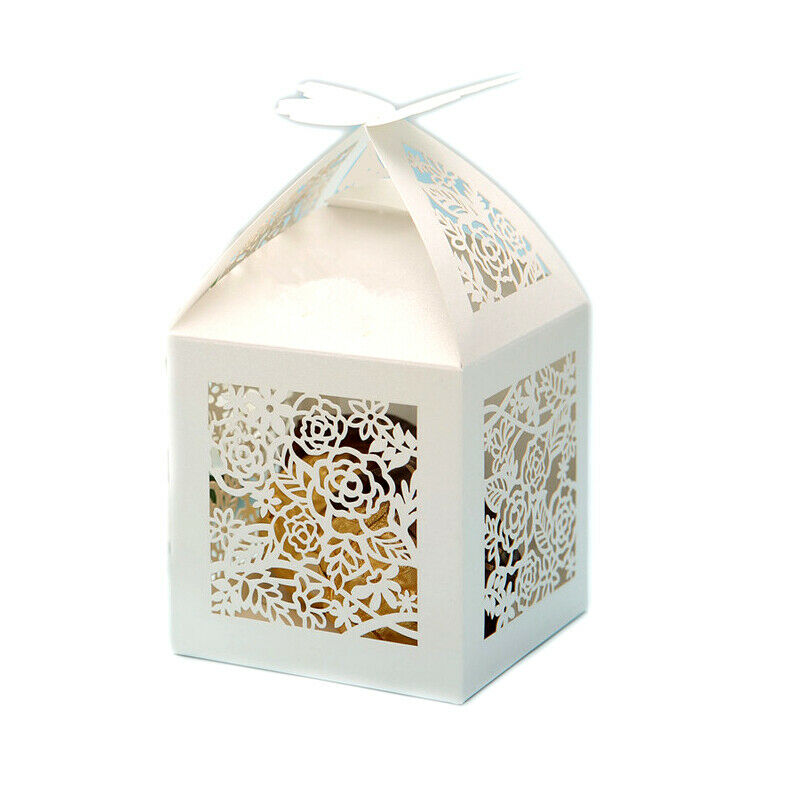 50pcs Hollow Rose Flower Wedding Butterfly Candy Boxes Gift Favor White