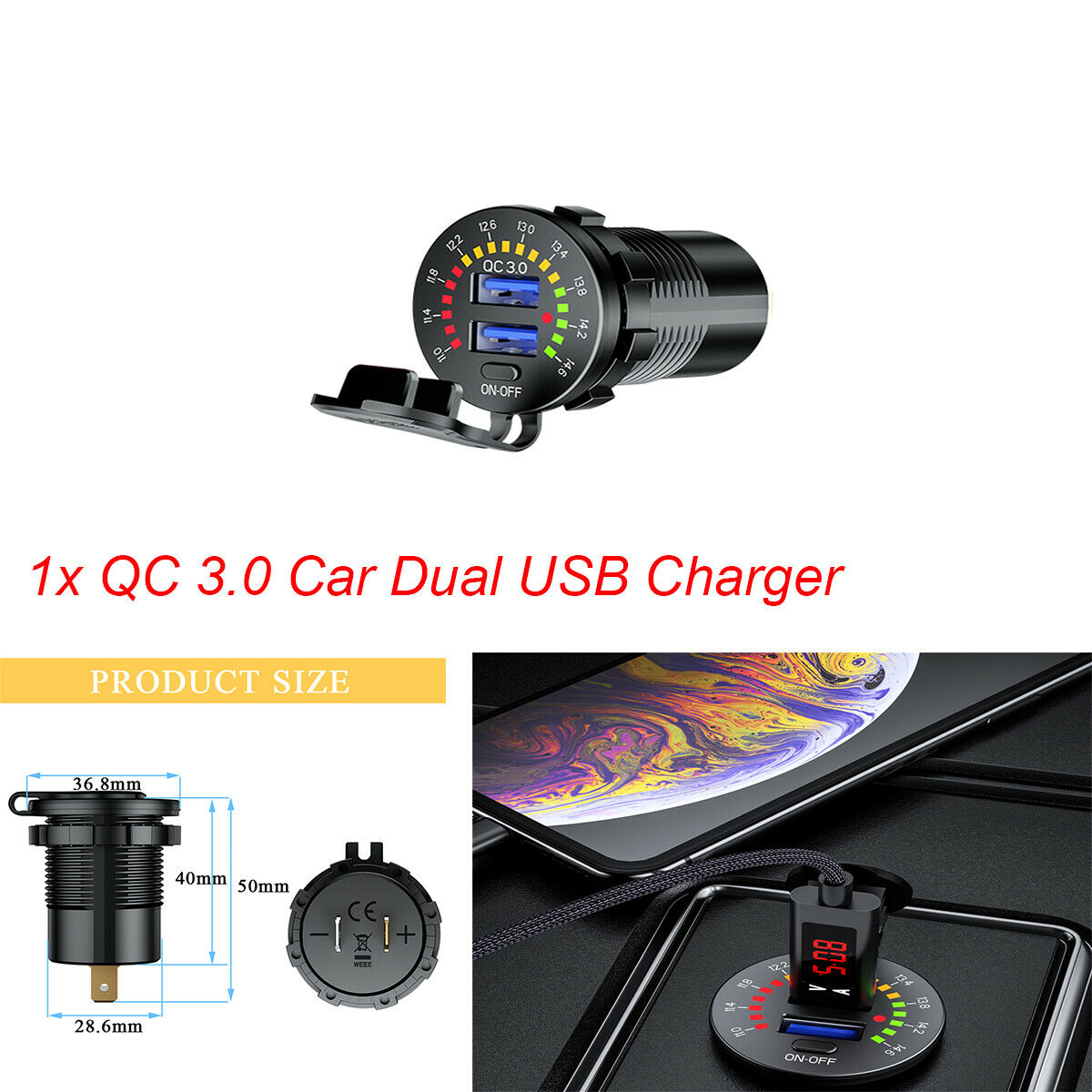 1PCS Car Motorcycle QC 3.0 Dual USB Charger with LED Voltmeter Switch Universal