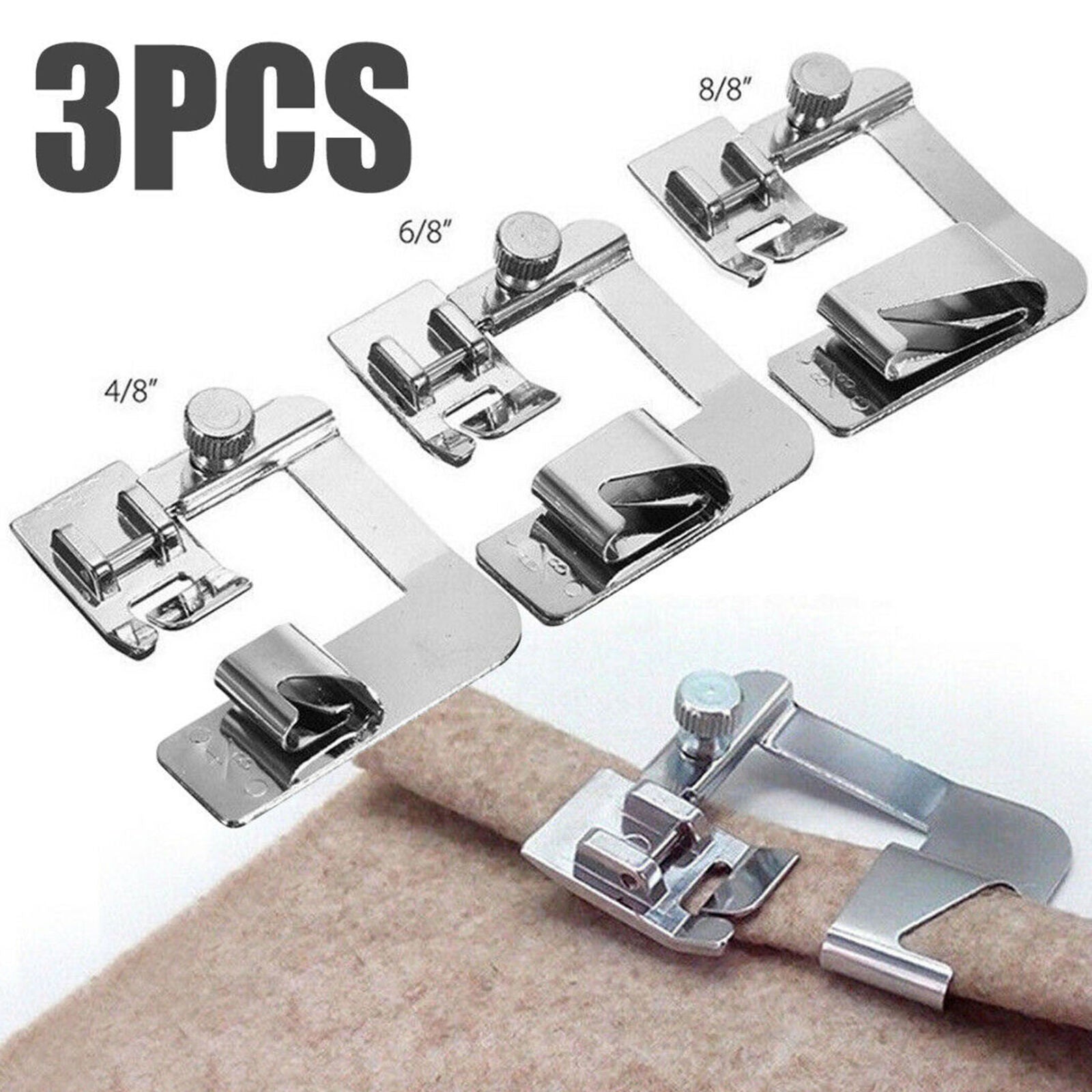 3Pcs Wide ROLLED Hemmer Foot For Domestic Sewing Machines Snap on Presser