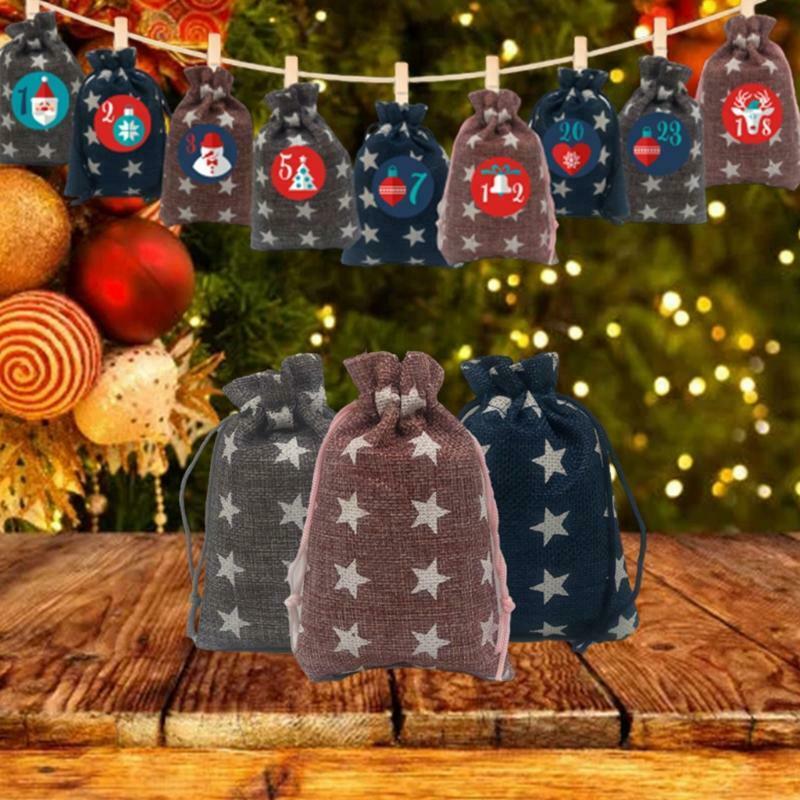 Stars Print 2021 Christmas Advent Calendar 24 Days Hanging Drawstring Candy Bags