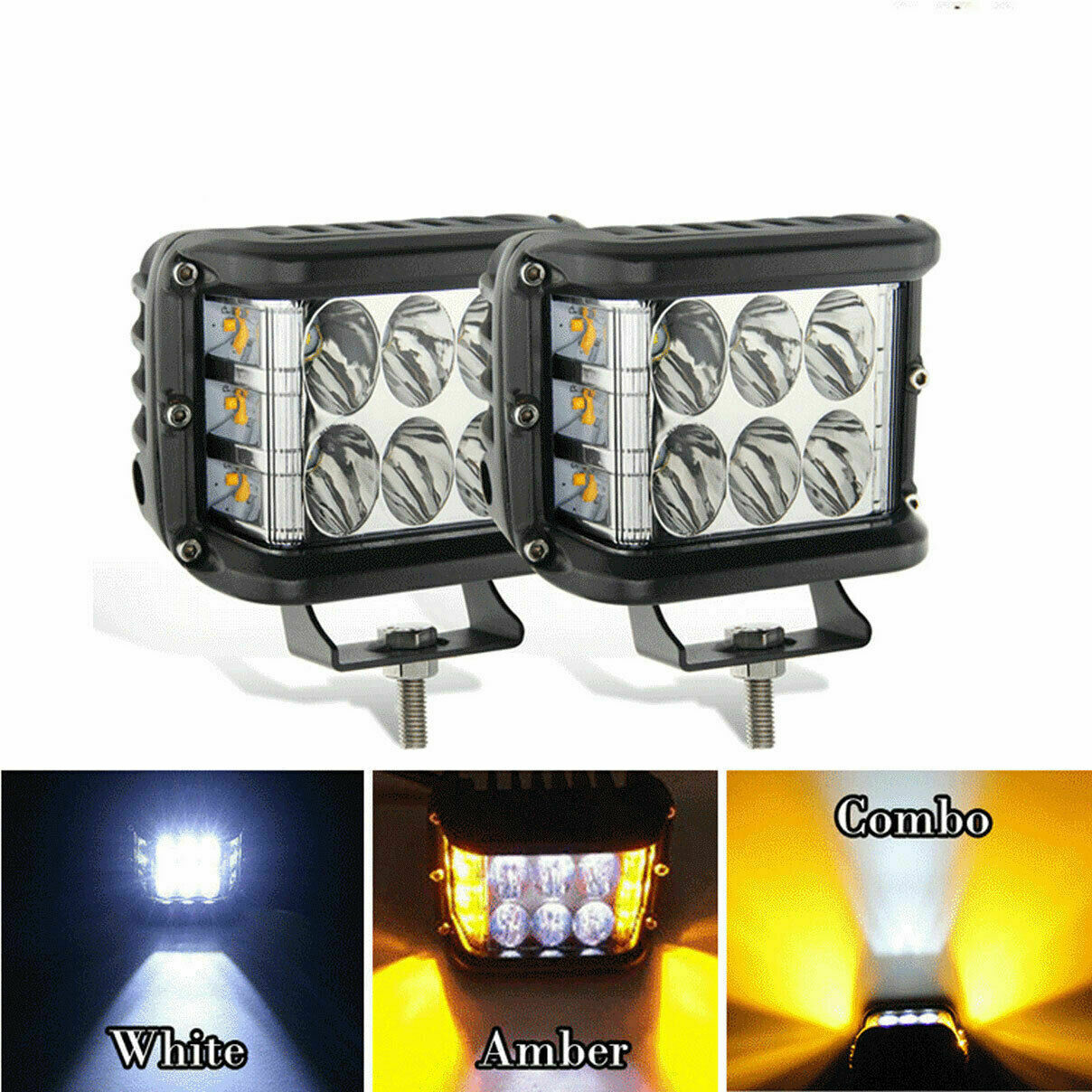 Pair 4" Work Cube Side Shooter LED Light Bar Pod White&Amber Strobe Lamp Car SUV
