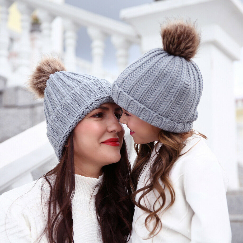 Parent Child Warmer Hat Mother Daughter Son Winter Warm Knit Hat Gray
