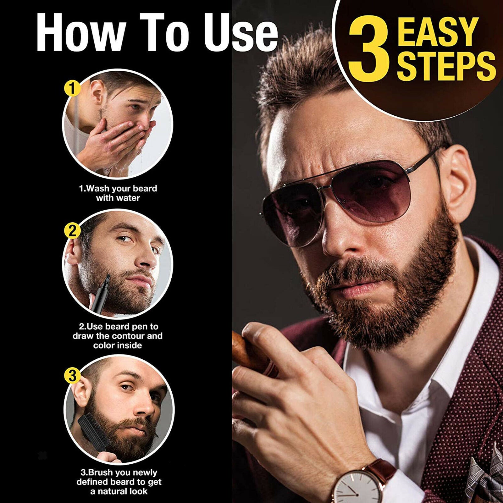 Beard Filler For Men Beard Pen & Beard Brush Natural Finish Pack black