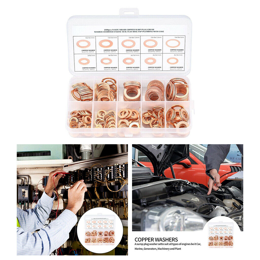 200xFlat Sealing Ring Assortment Kit M5-M14 Copper Flat Washers Sealing Ring