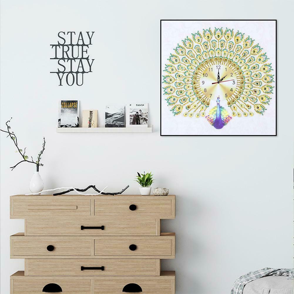 DIY Peafowl Special Shaped Diamond Painting Embroidery Clock Home Decor @