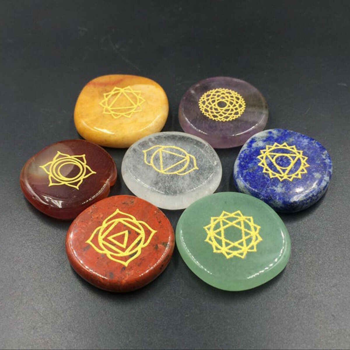 7 Chakra Engraved Gems Set Reiki Healing Quartz Crystal Meditation Stones