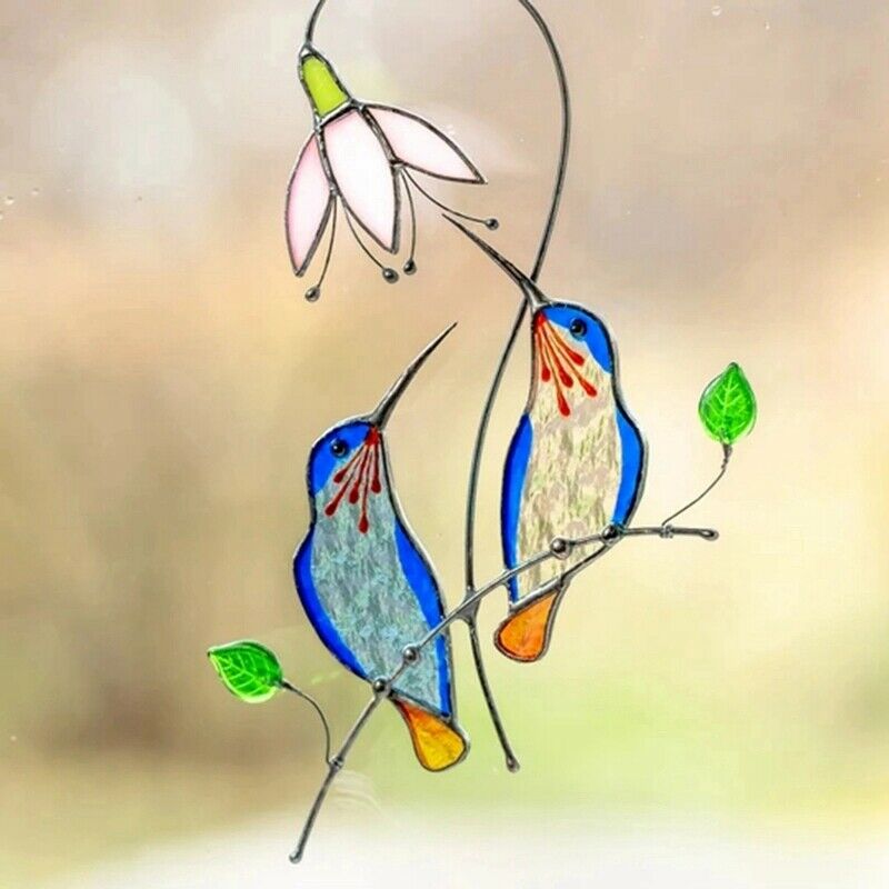 Hanging Home Decoration Stained Glass Window Panel Birds Ornaments Acrylic BY6Z4