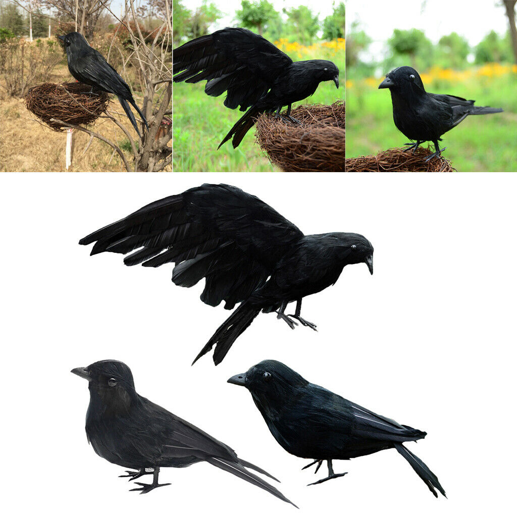 3x Realistic Crow Statue Bird Raven Black Garden Decor Artificial Feather