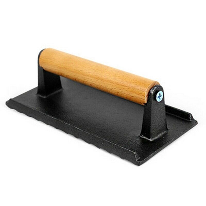 Rectangle BBQ Tool Cast Iron Wooden Handle Steak Plate Meat Press Grill FrieT8F8
