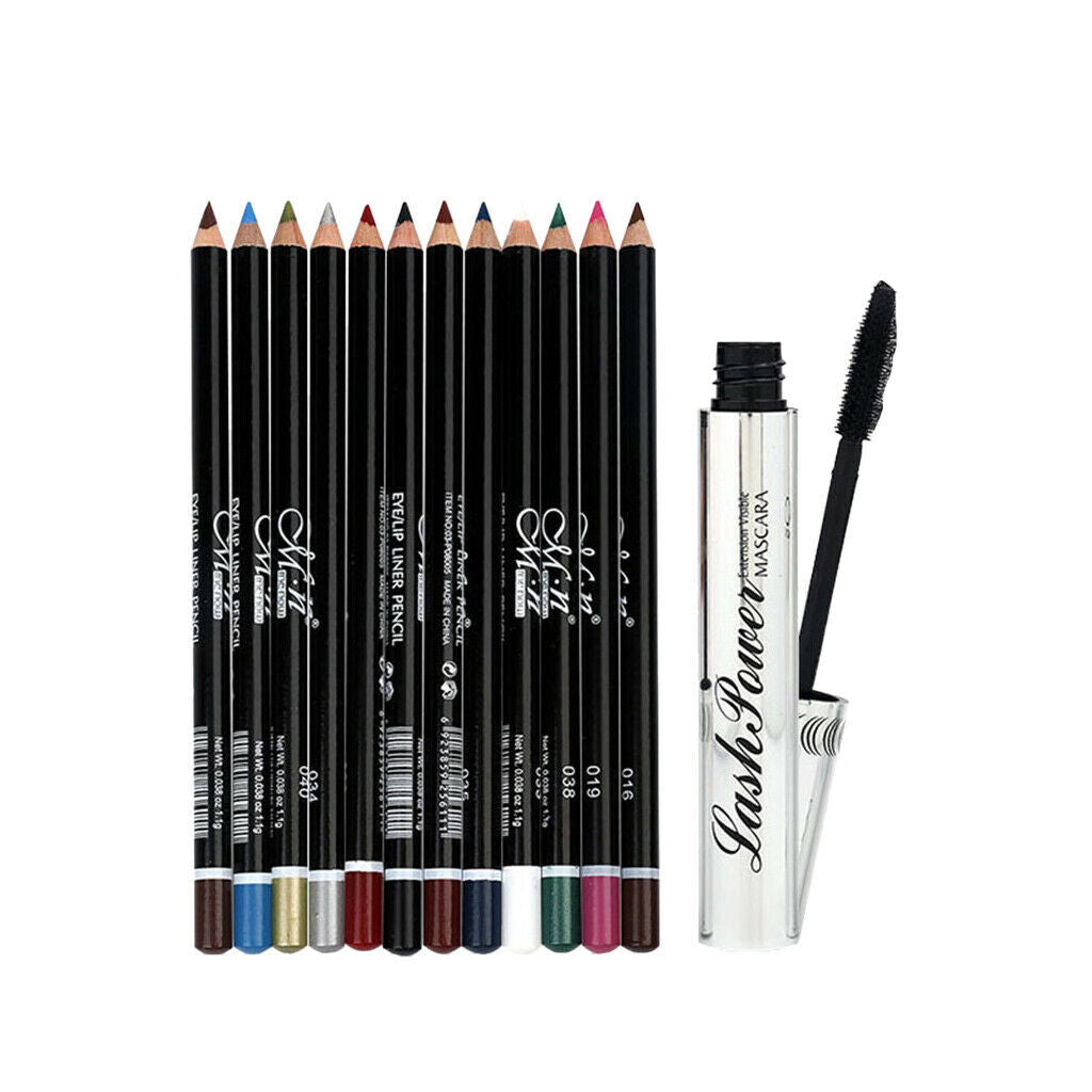 12Pcs Long Lasting Eyebrow Eyeliner Lip Liner Pencil+Curling Eyelash Mascara