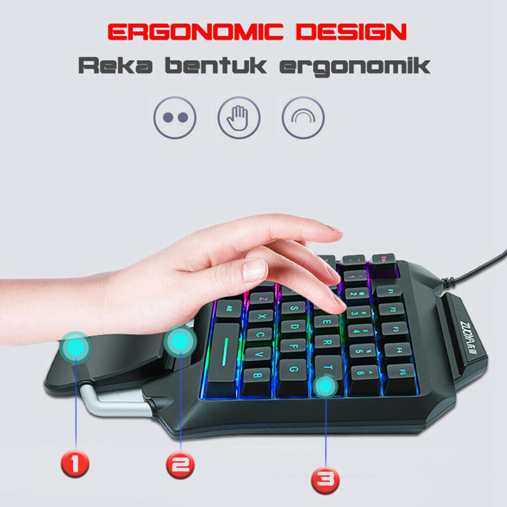 One-Hand Small Gaming Keyboard with Palm Rest 35 Keys RGB Colorful Backlight
