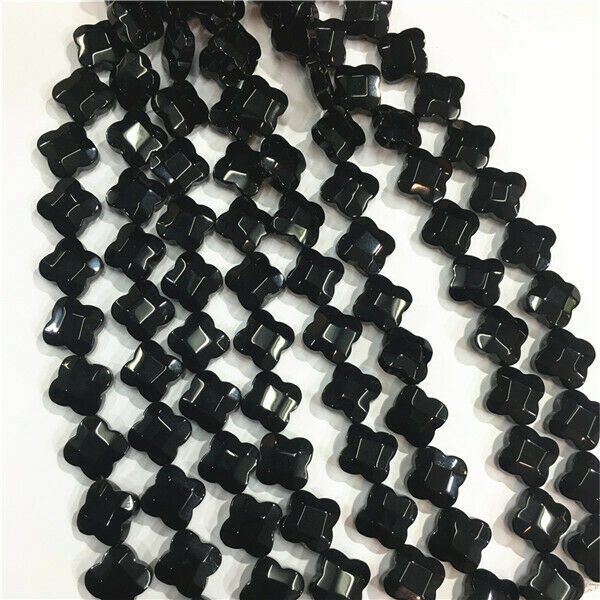 1 Strand/14Pcs 14x14x6mm Black Agate Faceted Clovers Spacer Loose Beads HH589