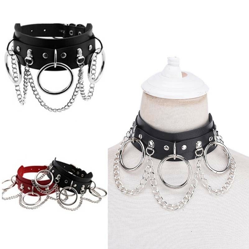 Black Leather Choker Metal Ring Chain Necklace Collar Handmade Goth Punky3BDAU