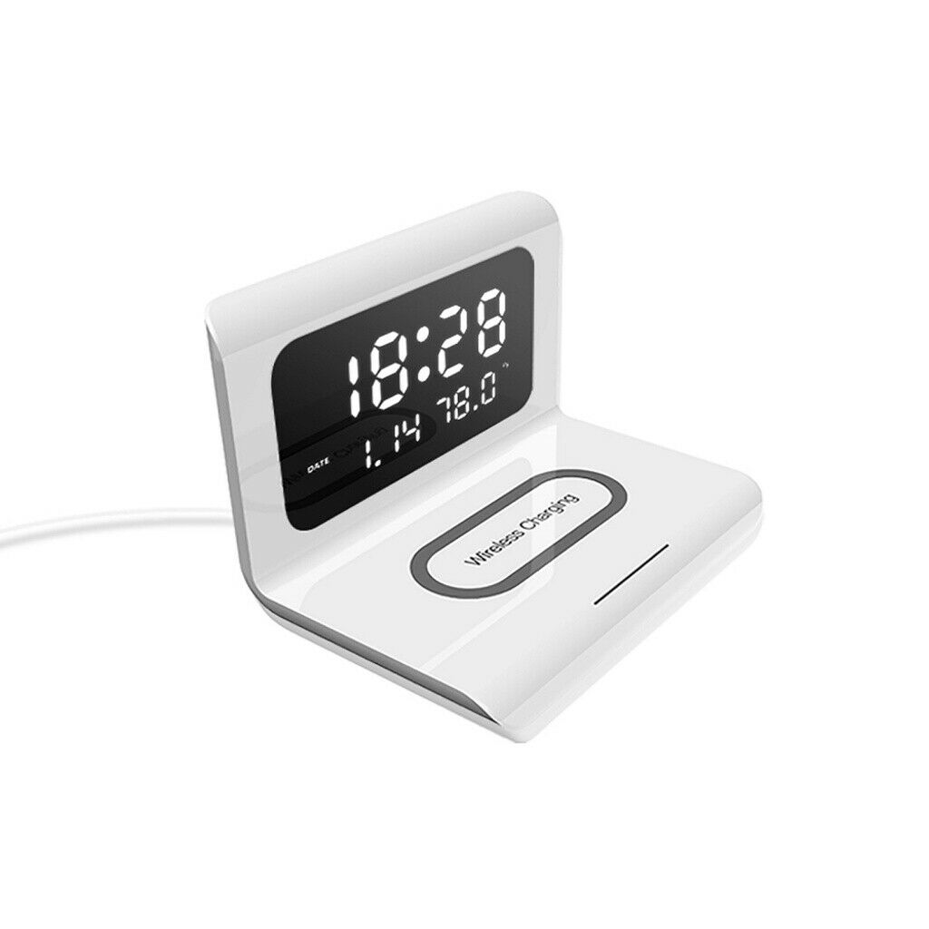 Multifunctional Alarm Clock Wireless Charger LED Display Digital Clock White