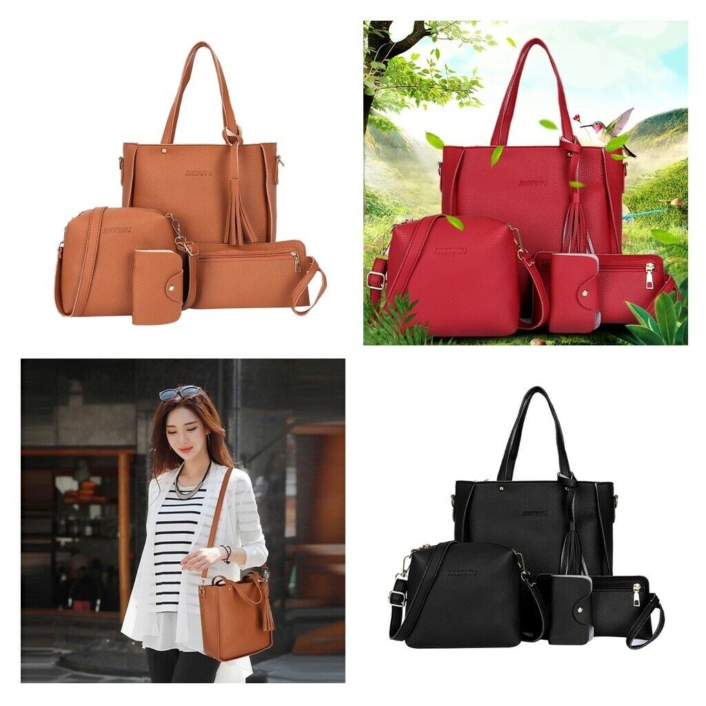 3x Four Pack Pu Leather Handbag Cross Body Shoulder Shopping Bag Purse