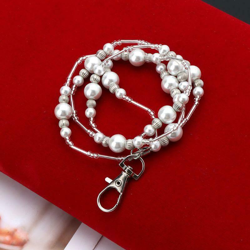 Hidden Hollow Beads White Pearls Beaded Lanyard ID Badge Holder Pendant Necklace