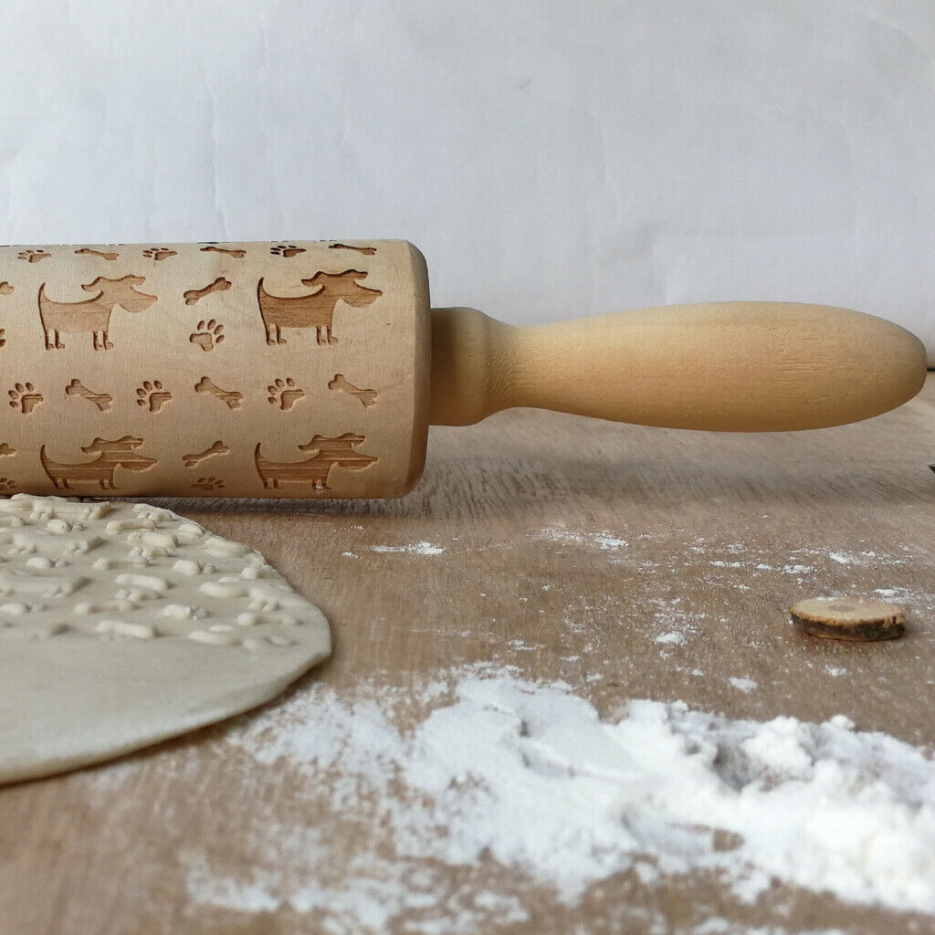Wooden Rolling Pin Dog Bone Paw Embossing Baking Cookies Biscuit Fondant Wedding
