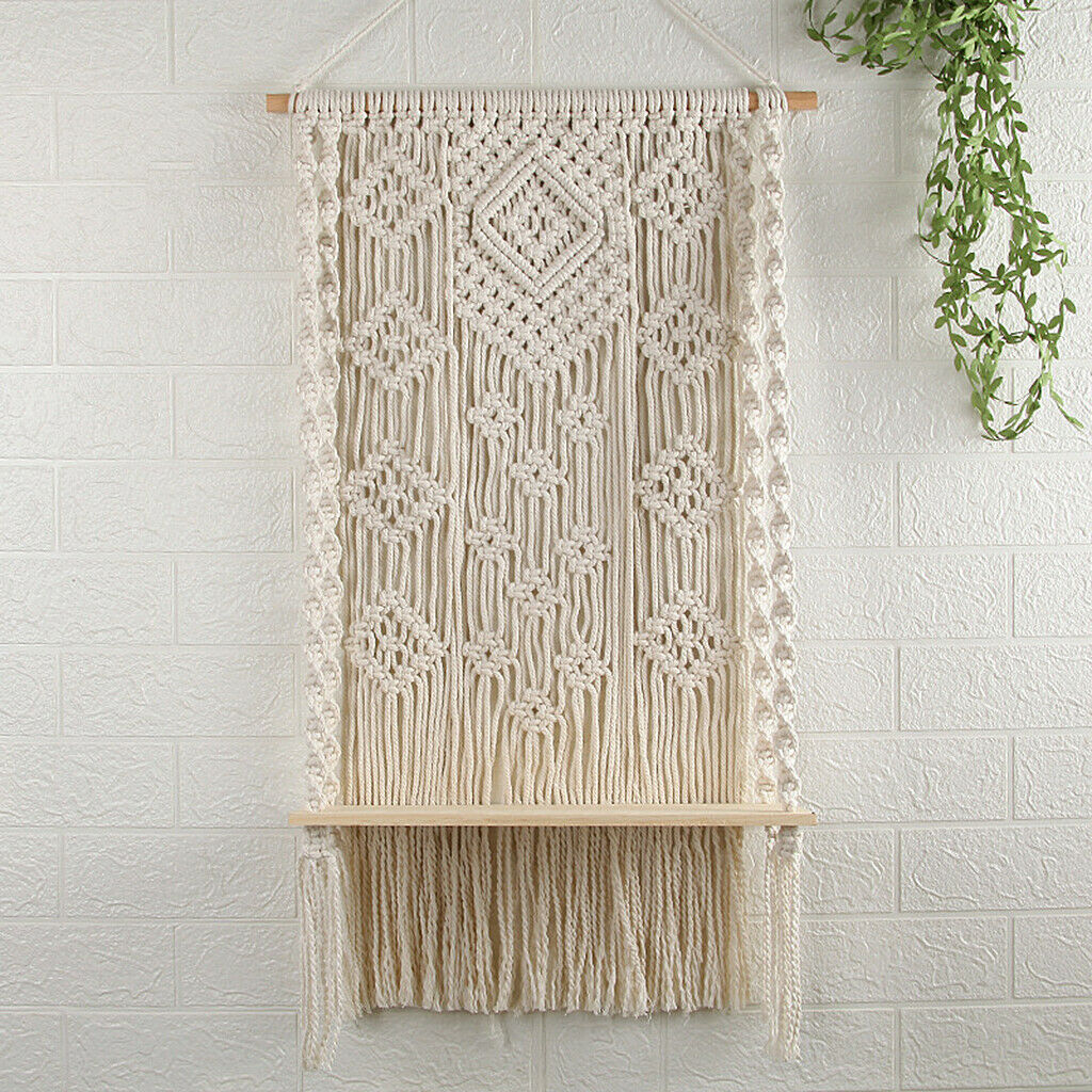 Boho Wall Hanging Shelf Woven Cotton Rope Tapestry Tassel Books Hanger