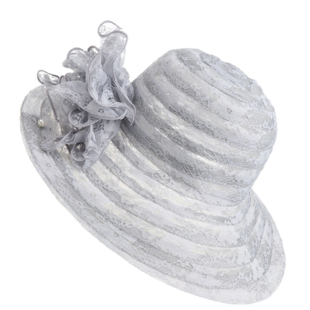 Fashion Women Elegant Lace Flower Derby Sun Hat Party Wedding   gray