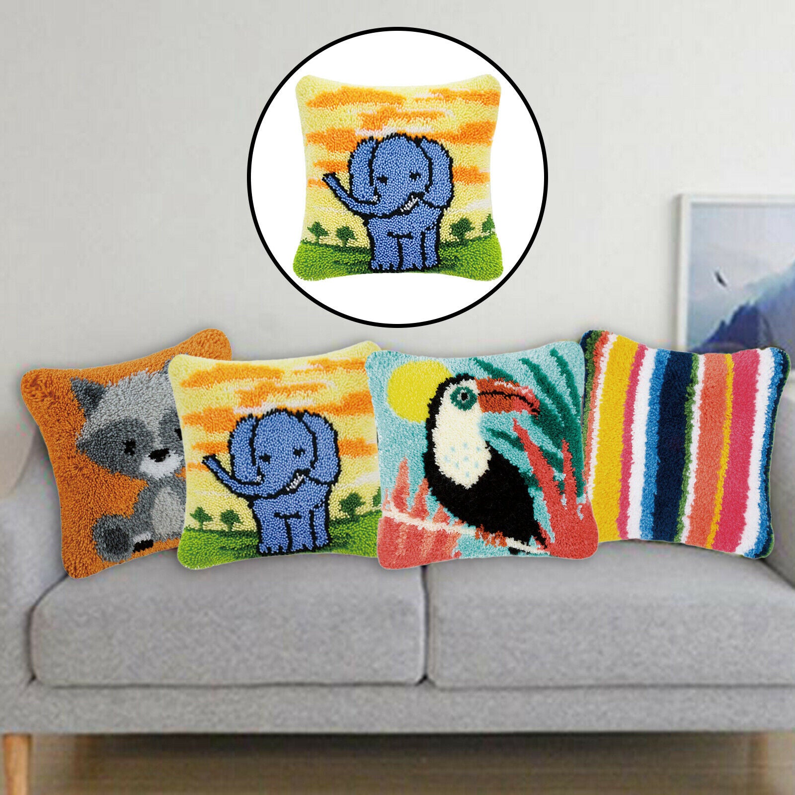 DIY Latch Hook Kit Throw Pillow Cover Craft for Embroidery Carpet Elephant