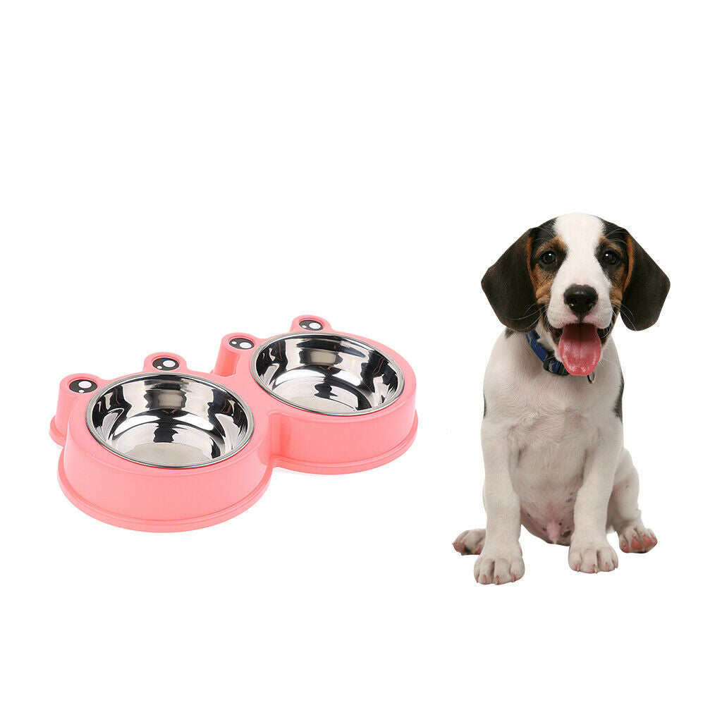 Frog Shape Dog Feeder Double Food Bowls Water Dish  Pink