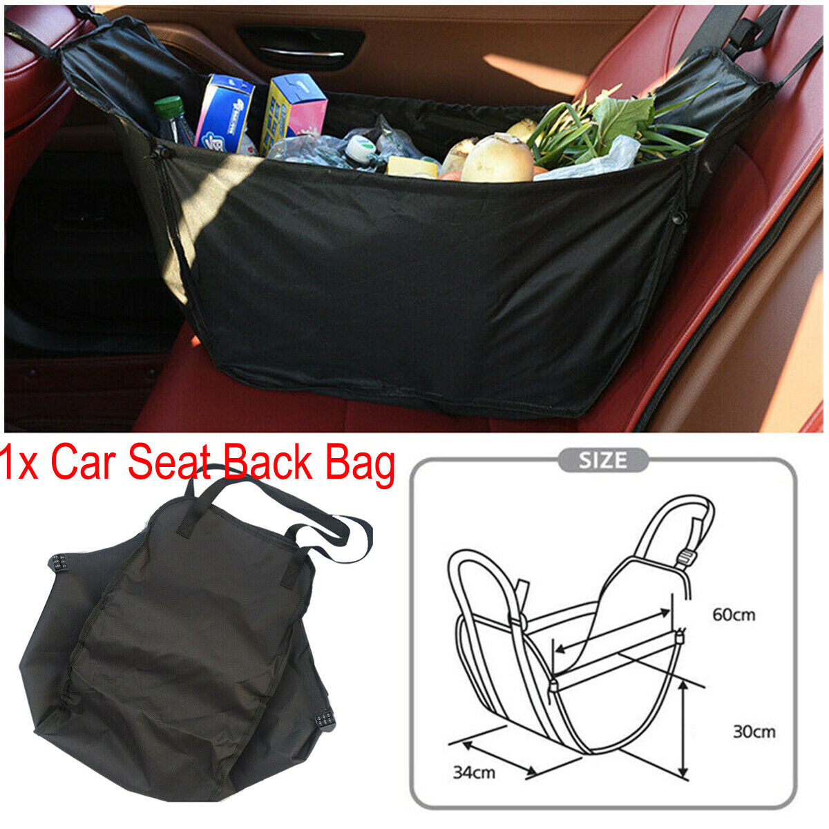 1PCS 60 x 30 x 34CM Car Rear Seat Foldable Seat Back Storage Bag Black Universal