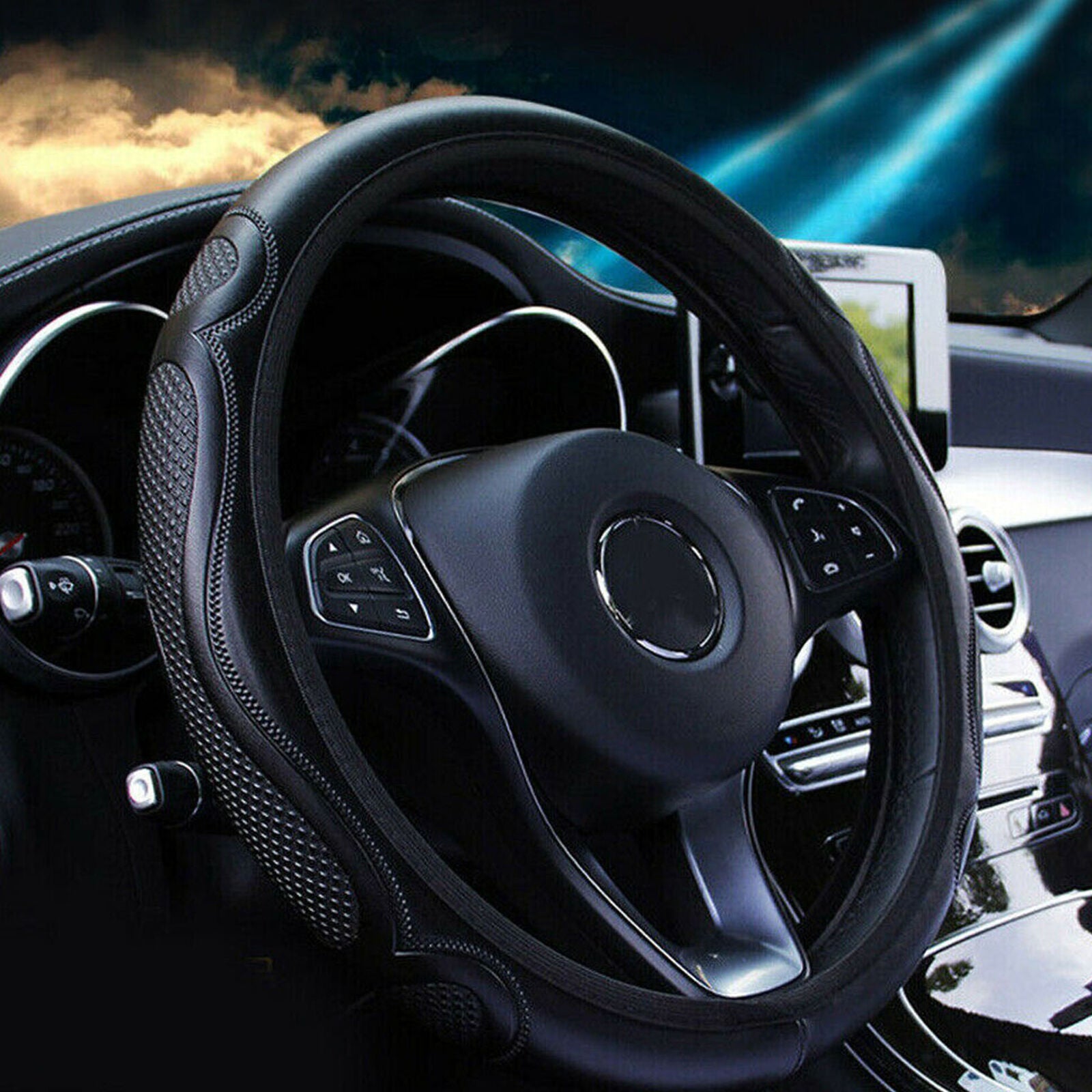 1x Black Car Steering Wheel Cover Leather Breathable Anti-slip Car Accessories