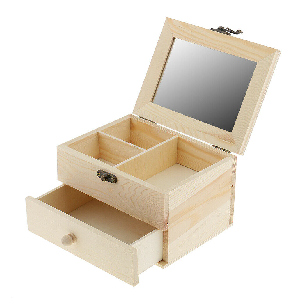 2 Tiers Plain Unpainted Wooden Jewelry Box Organizer Storage Container