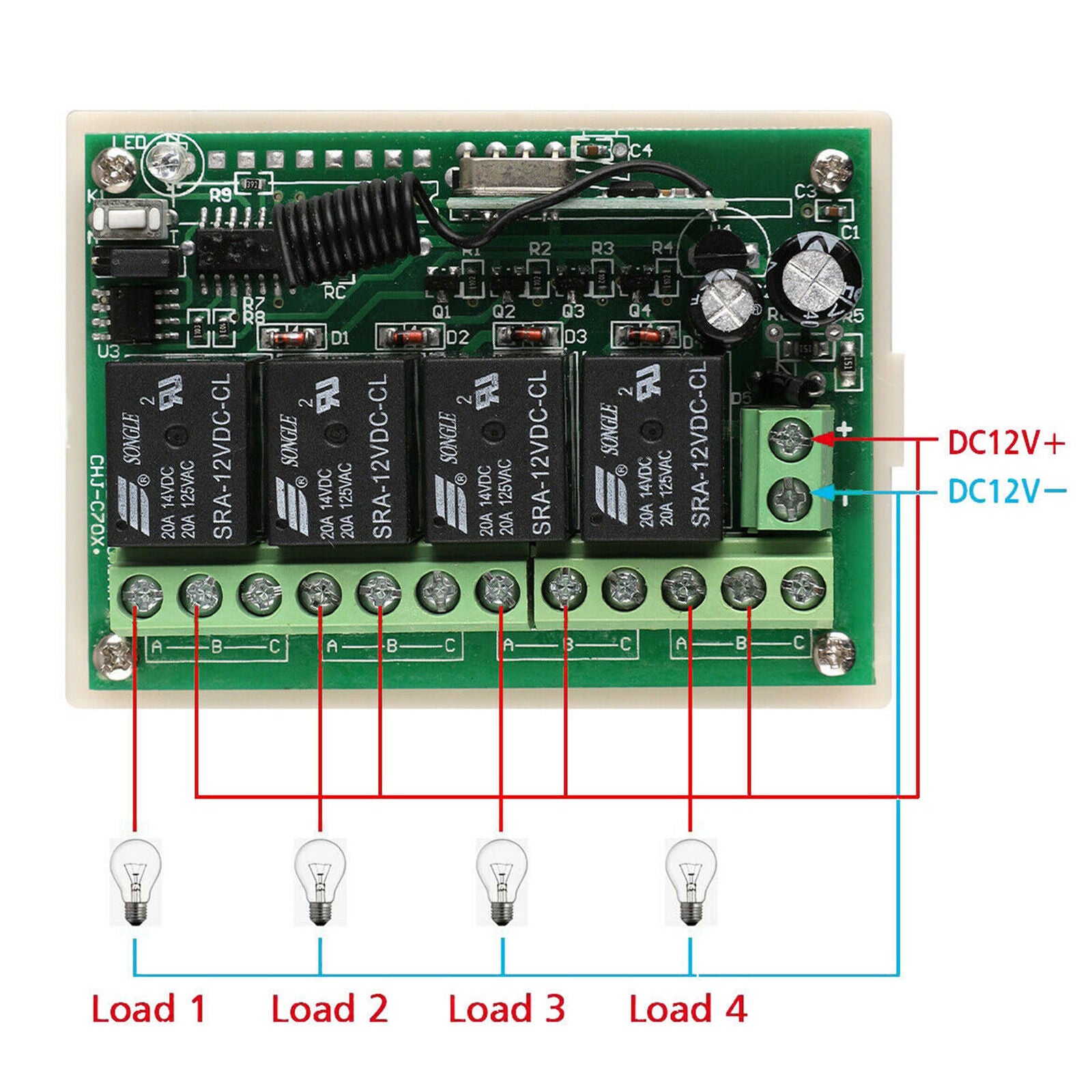 12V 4CH Channel 443MHz Wireless RF Remote Control Relay Switch With 2 Receiver