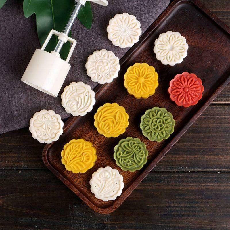 DIY 150g Mooncake Barrel Mold  6pcs Flower Stamps Hand Press Moon Cake Pastry